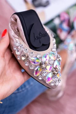 Lu Boo Złote Balerinki na Gumce Kamienie Even