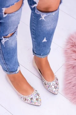 Lu Boo Złote Balerinki na Gumce Kamienie Even