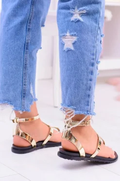 Lu Boo Złote Lustrzane Sandałki Rzymianki Japonki