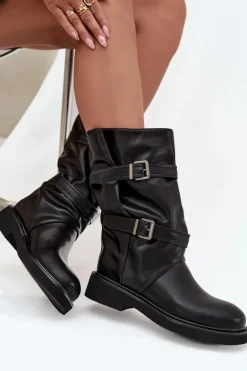 Marszczone Kozaki Damskie Do Połowy Łyski Z Paskami I Klamrami Czarne Halvessa