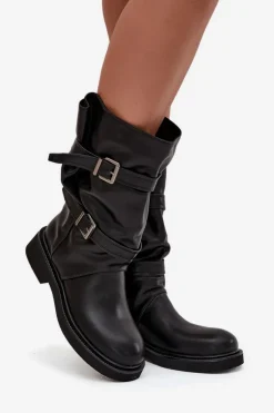 Marszczone Kozaki Damskie Do Połowy Łyski Z Paskami I Klamrami Czarne Halvessa