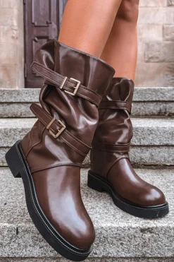 Marszczone Kozaki Damskie Do Połowy Łyski Z Paskami I Klamrami Brązowe Halvessa