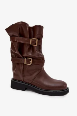 Marszczone Kozaki Damskie Do Połowy Łyski Z Paskami I Klamrami Brązowe Halvessa