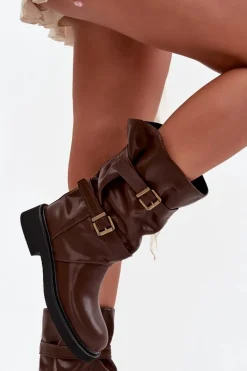Marszczone Kozaki Damskie Do Połowy Łyski Z Paskami I Klamrami Brązowe Halvessa