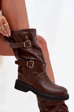 Marszczone Kozaki Damskie Do Połowy Łyski Z Paskami I Klamrami Brązowe Halvessa