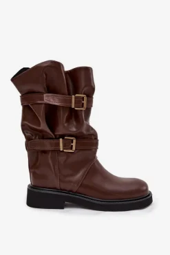 Marszczone Kozaki Damskie Do Połowy Łyski Z Paskami I Klamrami Brązowe Halvessa