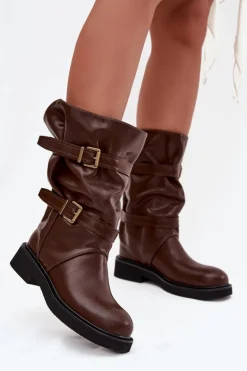 Marszczone Kozaki Damskie Do Połowy Łyski Z Paskami I Klamrami Brązowe Halvessa