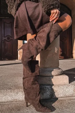 Marszczone Kozaki Na Szpilce Z Eko Zamszu Ocieplane Czekoladowe Mavella