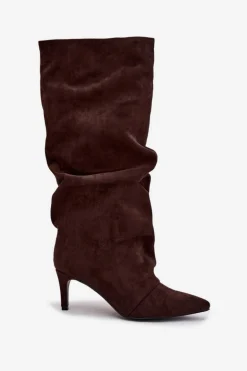 Marszczone Kozaki Na Szpilce Z Eko Zamszu Ocieplane Czekoladowe Mavella