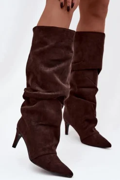 Marszczone Kozaki Na Szpilce Z Eko Zamszu Ocieplane Czekoladowe Mavella