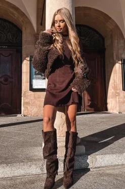 Marszczone Kozaki Na Szpilce Z Eko Zamszu Ocieplane Czekoladowe Mavella