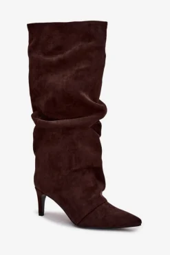 Marszczone Kozaki Na Szpilce Z Eko Zamszu Ocieplane Czekoladowe Mavella