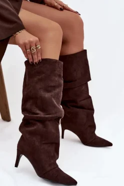 Marszczone Kozaki Na Szpilce Z Eko Zamszu Ocieplane Czekoladowe Mavella