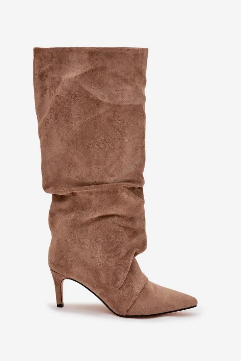 Marszczone Kozaki Na Szpilce Z Eko Zamszu Ocieplane Beżowe Mavella