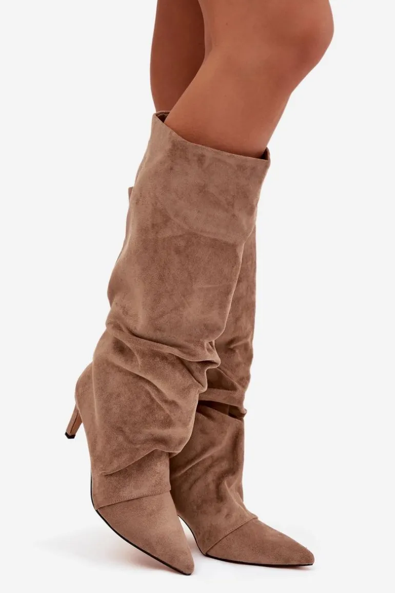 Marszczone Kozaki Na Szpilce Z Eko Zamszu Ocieplane Beżowe Mavella