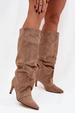 Marszczone Kozaki Na Szpilce Z Eko Zamszu Ocieplane Beżowe Mavella