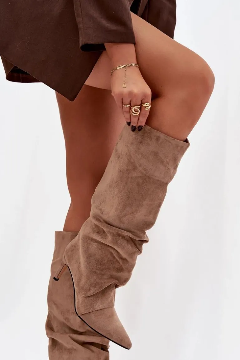 Marszczone Kozaki Na Szpilce Z Eko Zamszu Ocieplane Beżowe Mavella