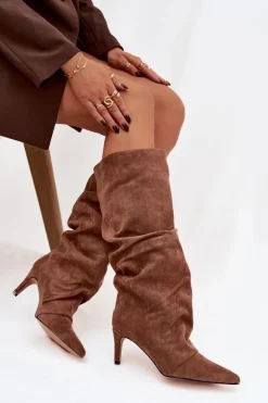 Marszczone Kozaki Na Szpilce Z Eko Zamszu Ocieplane Ciemnobeżowe Mavella