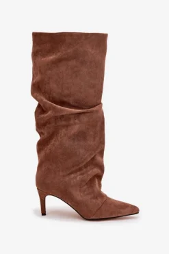 Marszczone Kozaki Na Szpilce Z Eko Zamszu Ocieplane Ciemnobeżowe Mavella