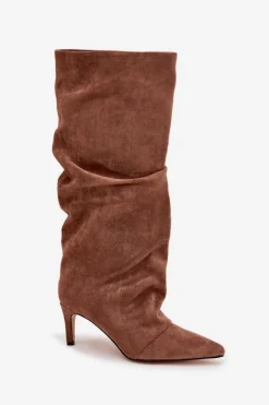 Marszczone Kozaki Na Szpilce Z Eko Zamszu Ocieplane Ciemnobeżowe Mavella