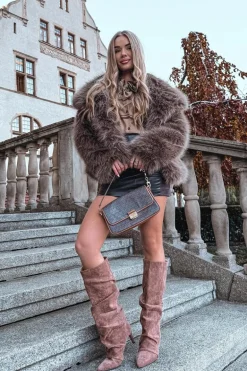 Marszczone Kozaki Na Szpilce Z Eko Zamszu Ocieplane Ciemnobeżowe Mavella