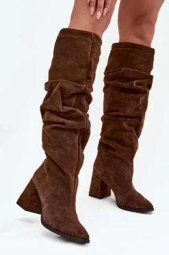 Marszczone Kozaki Z Naturalnego Zamszu Na Słupku Ocieplane Zazoo 4228 Brązowe