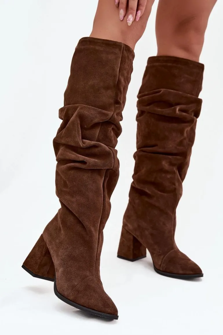 Marszczone Kozaki Z Naturalnego Zamszu Na Słupku Ocieplane Zazoo 4228 Brązowe