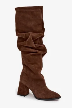 Marszczone Kozaki Z Naturalnego Zamszu Na Słupku Ocieplane Zazoo 4228 Brązowe