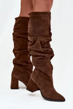 Marszczone Kozaki Z Naturalnego Zamszu Na Słupku Ocieplane Zazoo 4228 Brązowe