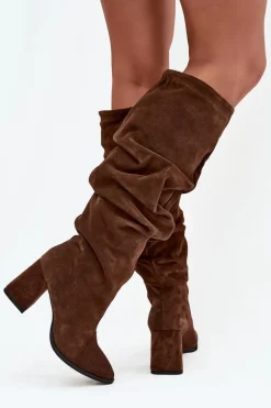 Marszczone Kozaki Z Naturalnego Zamszu Na Słupku Ocieplane Zazoo 4228 Brązowe