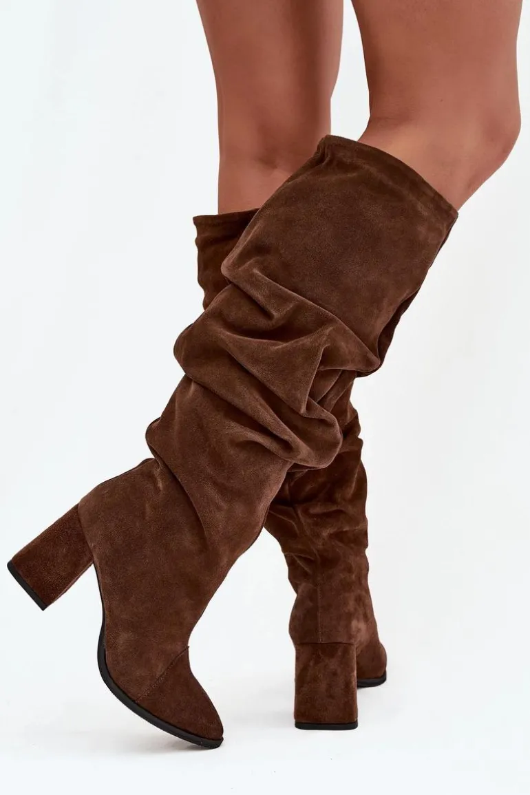 Marszczone Kozaki Z Naturalnego Zamszu Na Słupku Ocieplane Zazoo 4228 Brązowe