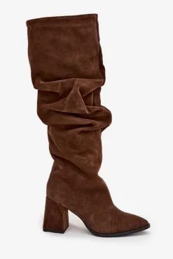 Marszczone Kozaki Z Naturalnego Zamszu Na Słupku Ocieplane Zazoo 4228 Brązowe