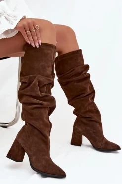 Marszczone Kozaki Z Naturalnego Zamszu Na Słupku Ocieplane Zazoo 4228 Brązowe