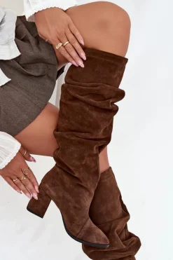 Marszczone Kozaki Z Naturalnego Zamszu Na Słupku Ocieplane Zazoo 4228 Brązowe