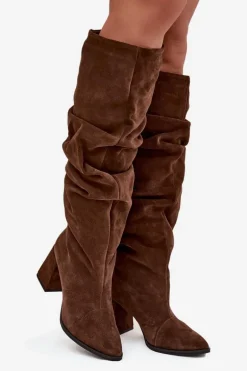 Marszczone Kozaki Z Naturalnego Zamszu Na Słupku Ocieplane Zazoo 4228 Brązowe