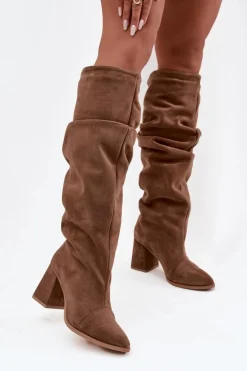 Marszczone Kozaki Z Naturalnego Zamszu Na Słupku Ocieplane Zazoo 4228 Jasnobrązowe