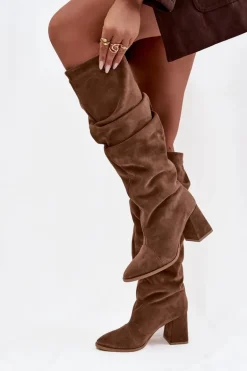 Marszczone Kozaki Z Naturalnego Zamszu Na Słupku Ocieplane Zazoo 4228 Jasnobrązowe