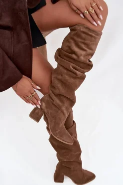 Marszczone Kozaki Z Naturalnego Zamszu Na Słupku Ocieplane Zazoo 4228 Jasnobrązowe