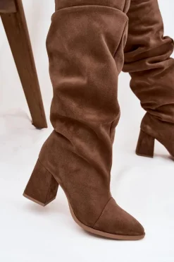 Marszczone Kozaki Z Naturalnego Zamszu Na Słupku Ocieplane Zazoo 4228 Jasnobrązowe