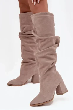 Marszczone Kozaki Z Naturalnego Zamszu Na Słupku Ocieplane Zazoo 4228 Beżowe