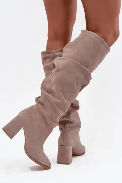 Marszczone Kozaki Z Naturalnego Zamszu Na Słupku Ocieplane Zazoo 4228 Beżowe