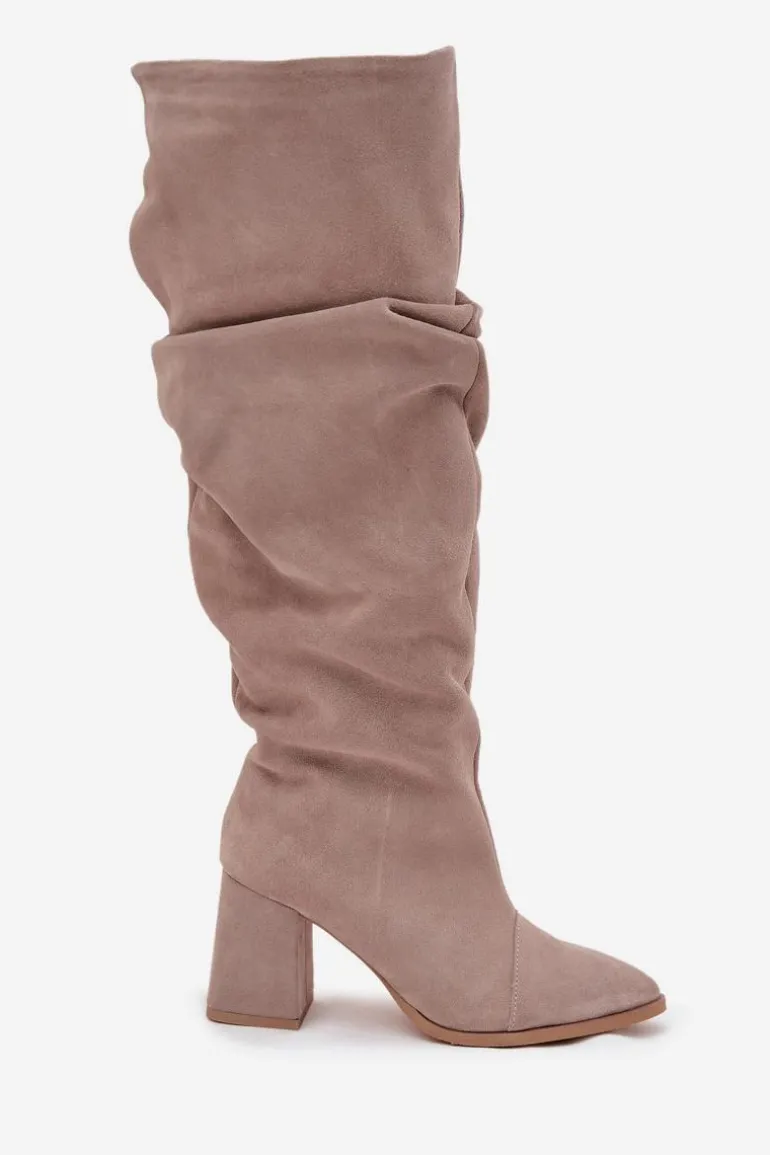 Marszczone Kozaki Z Naturalnego Zamszu Na Słupku Ocieplane Zazoo 4228 Beżowe