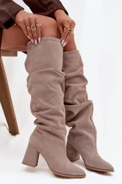 Marszczone Kozaki Z Naturalnego Zamszu Na Słupku Ocieplane Zazoo 4228 Beżowe