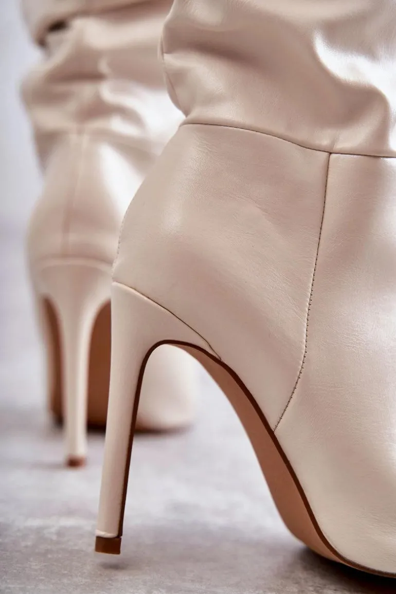 Marszczone Skórzane Kozaki Na Szpilce Jasnobeżowe Caren