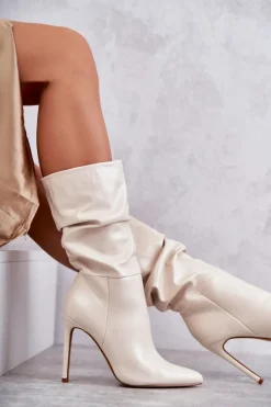 Marszczone Skórzane Kozaki Na Szpilce Jasnobeżowe Caren