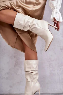 Marszczone Skórzane Kozaki Na Szpilce Jasnobeżowe Caren