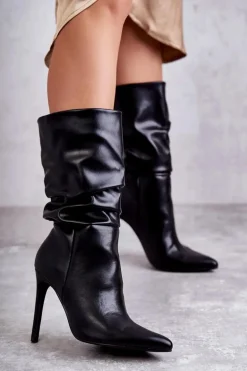 Marszczone Skórzane Kozaki Na Szpilce Czarne Caren