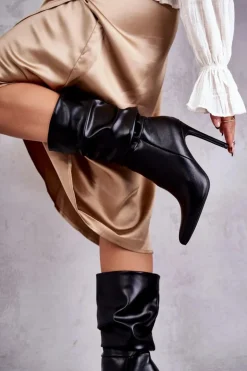 Marszczone Skórzane Kozaki Na Szpilce Czarne Caren