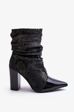Marszczone Wężowe Botki Na Obcasie Czarne Casima