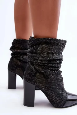 Marszczone Wężowe Botki Na Obcasie Czarne Casima